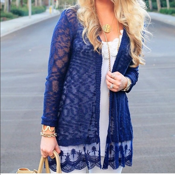 Navy Blue Cardigan w/ Lace Hem