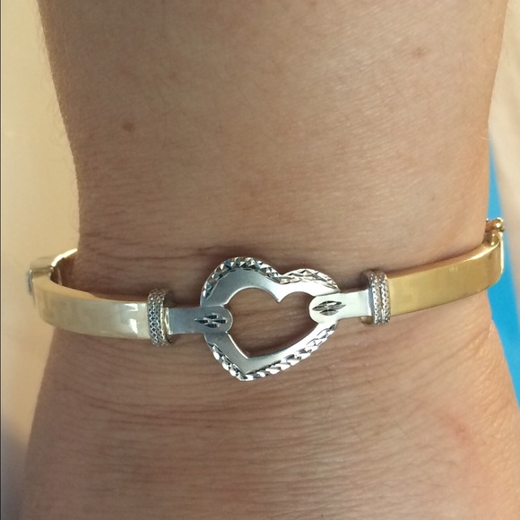 TWO-TONE GOLD HEART BANGLE BRACELET