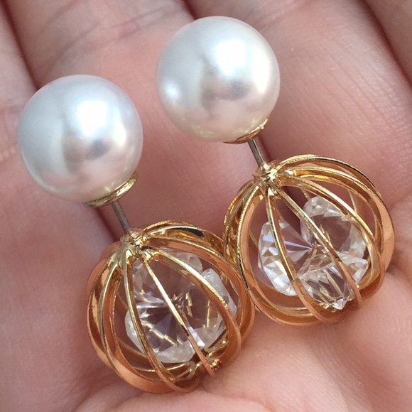 2/$15 Caged Crystals & Pearl Double Side Earrings - Picture 2 of 4