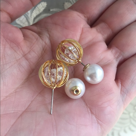 2/$15 Caged Crystals & Pearl Double Side Earrings - Picture 3 of 4