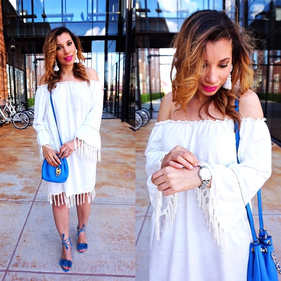White Off the Shoulder Tassel dress - Picture 1 of 5