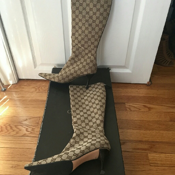 Gucci monogram knee high boots