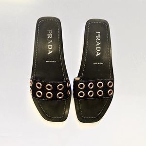 Prada "Daino" Black Grommet Sandals