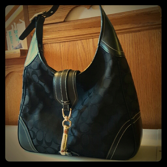 Black Coach Signature shoulder bag w/ hook closure
