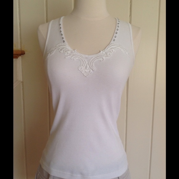 White Ribbed JET Tank w/ Rhinestones and Lace, O/S