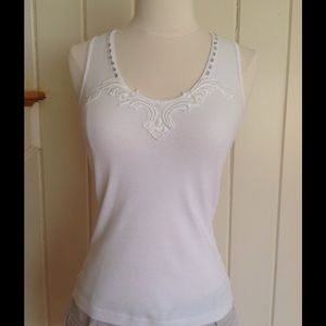 White Ribbed JET Tank w/ Rhinestones and Lace, O/S