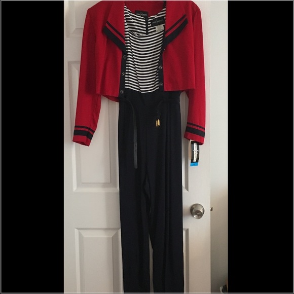 Navy Blue & White Jumpsuit with Red Jacket
