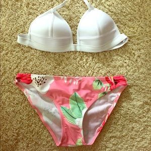 White triangle top and pink floral bottoms