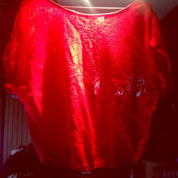 Cropped sheer bright coral cover up