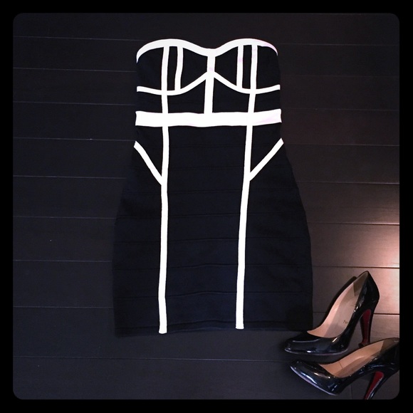 Black and white bodycon, bondage fitted dress