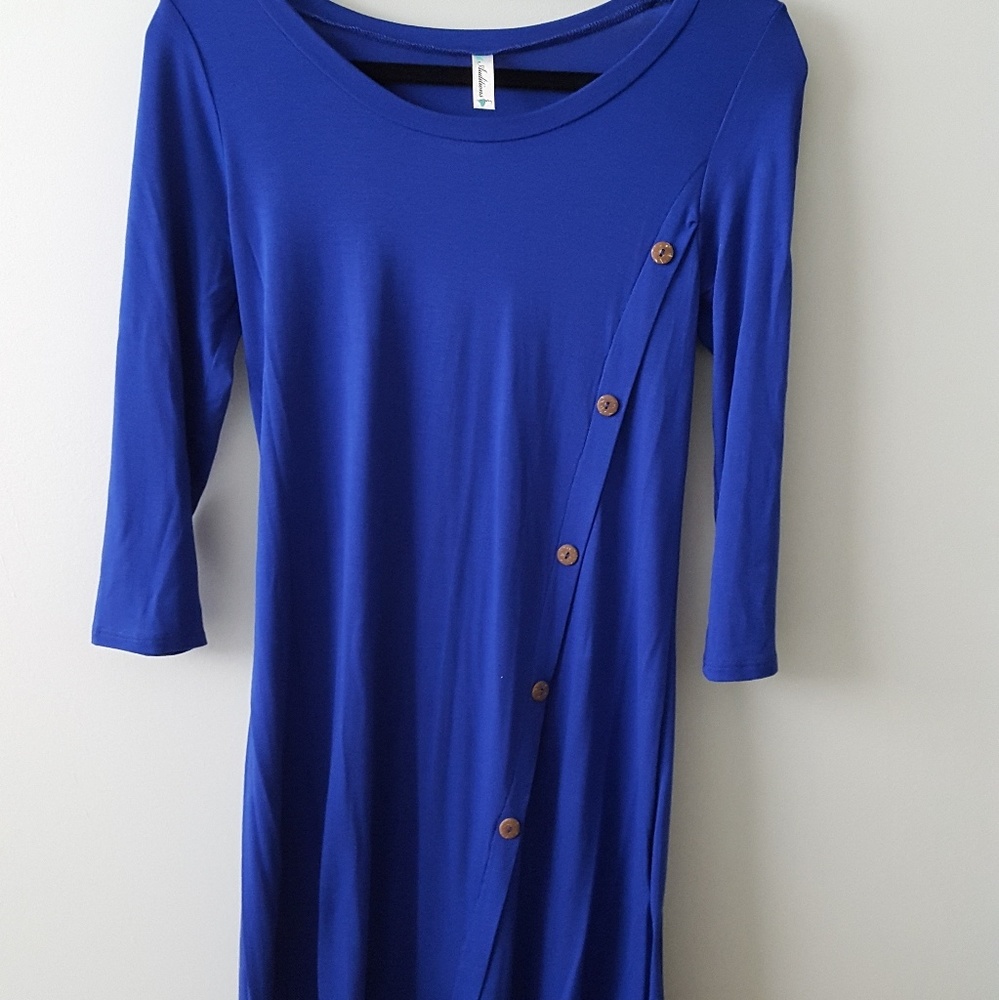 Button trim solid knit dress royal blue