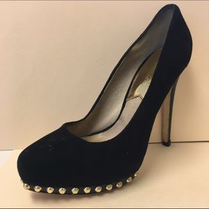 Michael Kors black suede 5" pumps w/ gold accents
