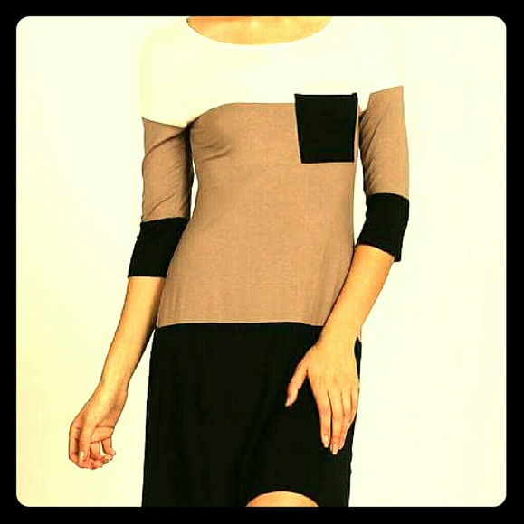 LAST ONE !!Colorblock knit pocket trim dress