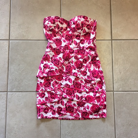 Pink floral strapless dress, size small