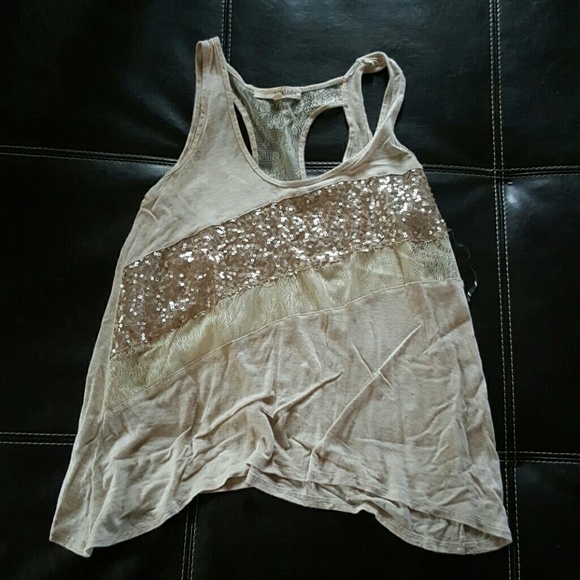 Tan Tank Top with Sequin and Lace Accents sz small