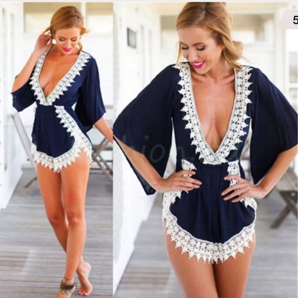Laced lined navy romper ❤️