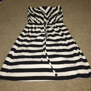 Black and white striped cotton halter dress