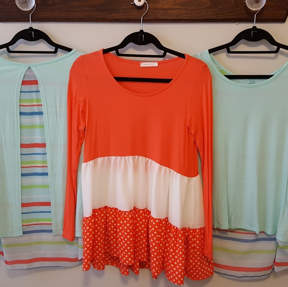 Colorblock ruffle trim tunic coral