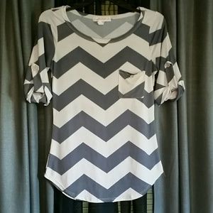 Chevron blouse with button tab sleeves