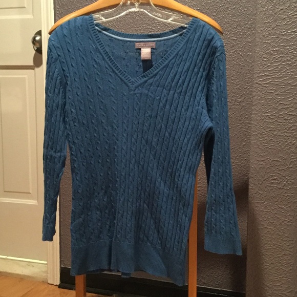 Blue knit V neck sweater