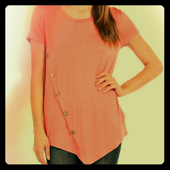 Solid asymmetrical hem button trim top coral