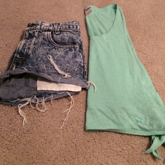 PINK muscle tank, and Levi acid high waist shorts