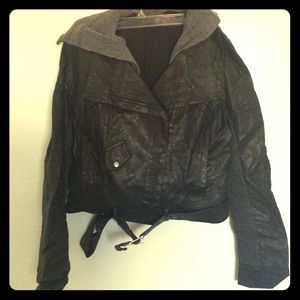 Cropped moto jacket with hood.