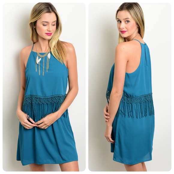 Teal racerback dress with fringe! ONE LEFT - Picture 3 of 3
