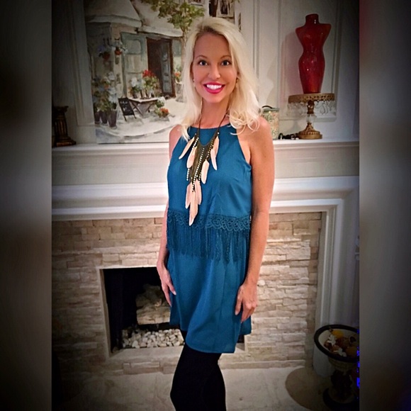 Teal racerback dress with fringe! ONE LEFT - Picture 2 of 3
