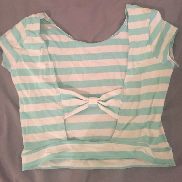 Teal striped crop top with bow back - Picture 2 of 3