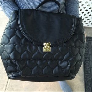 betsey johnson black vegan leather heart backpack