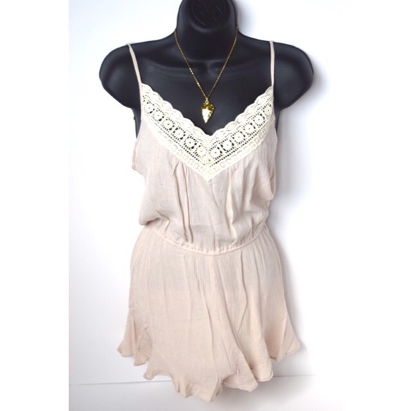 NEW nude romper with crochet neckline - Picture 3 of 3