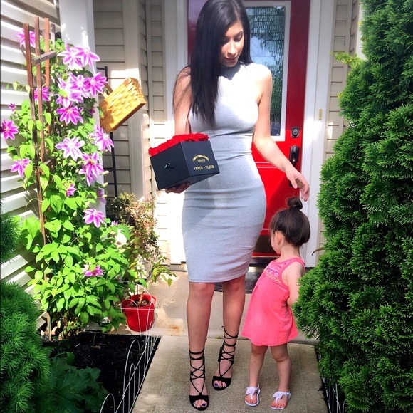 GRAY OPEN BACK BODYCON MIDI DRESS NEW S M L - Picture 2 of 4