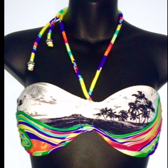 OP Tropical Waves & Palm Trees Bikini top, sz XL