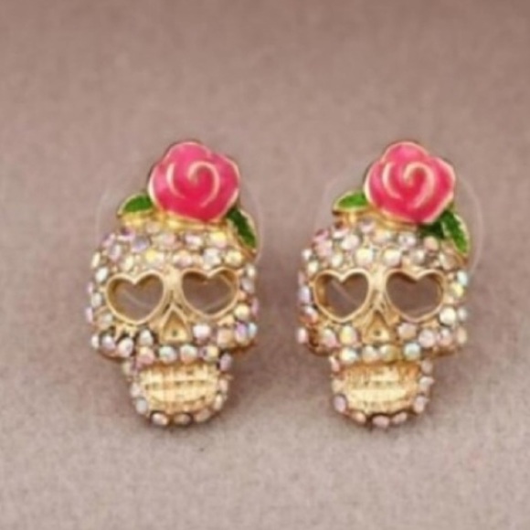 Pink Rhinestone Skull Earrings - Picture 3 of 3