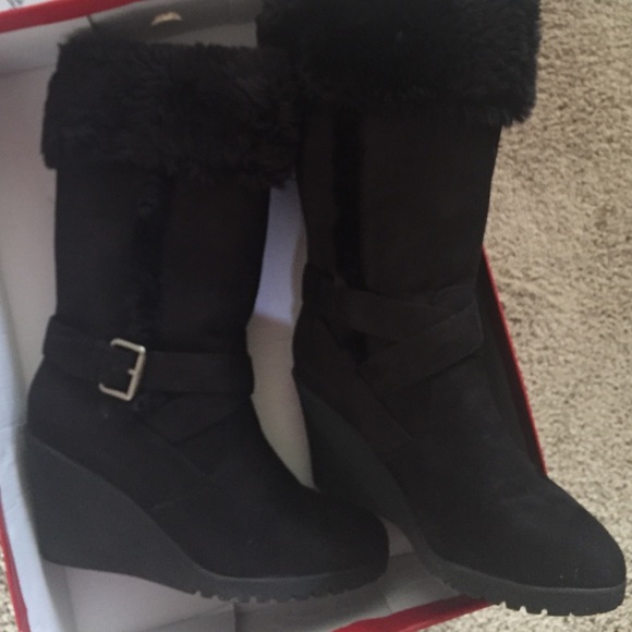 faux fur black wedge boots WORN ONCE with box