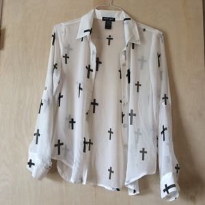 Sheer Button Down Top with Cross Pattern