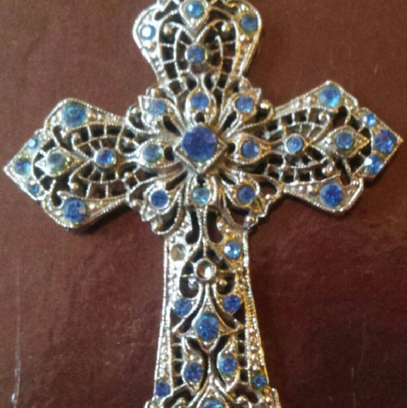 Vintage silver lace cross with blue stones