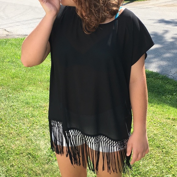 Black Chiffon Fringed Blouse! NEW! - Picture 1 of 7