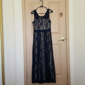 Long, Floral Lace, Navy Blue Dress