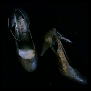 Grey Alligator Skin Mary Jane Heels with Cutouts