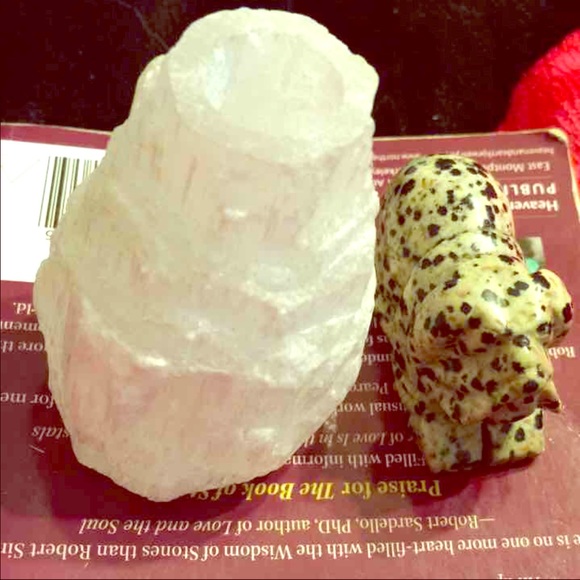 Selenite Pillar and Jasper Dalmatian Dog Carving