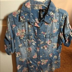 Denim floral button-down top