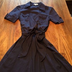 Blue wrap tea length dress