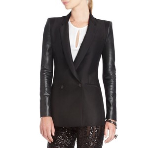 Bcbg black double breasted blazer leather sleeves