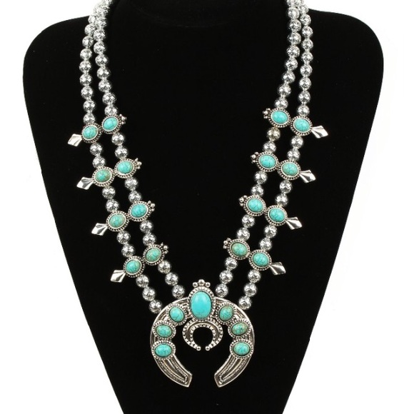 Faux Turquoise Squash Blossom Necklace