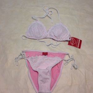 White and pink eyelet bikini