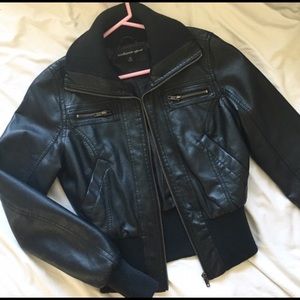 black leather jacket with banded waist and wrists