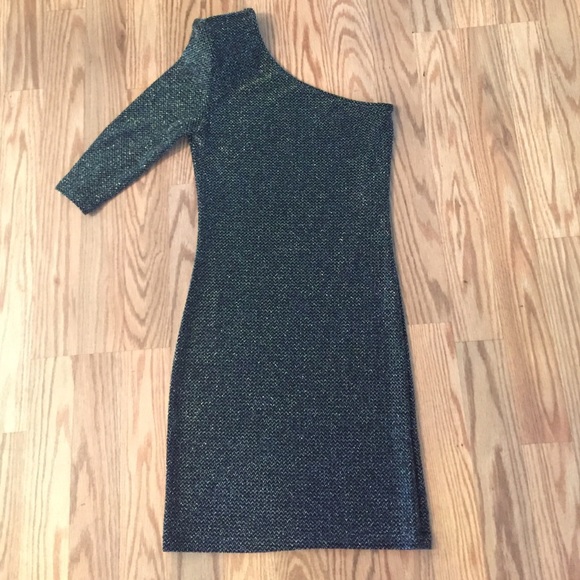 One-shoulder black and silver body con dress EUC