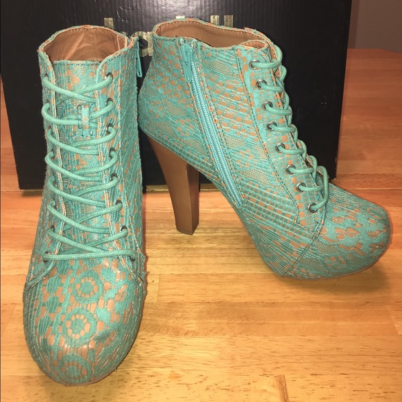 Teal Lace-Up Platform Heel Booties